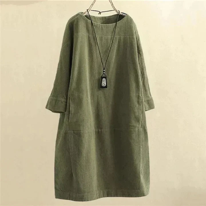 Corduroy Jurk - Dames Loose Fit Midi Jurk met Lange Mouwen-Boetiek Moda