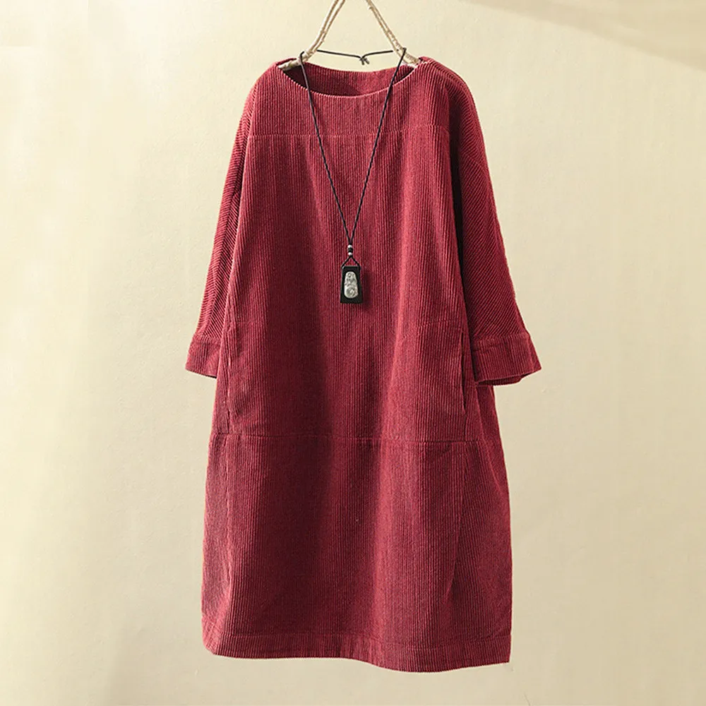Corduroy Jurk - Dames Loose Fit Midi Jurk met Lange Mouwen-Boetiek Moda
