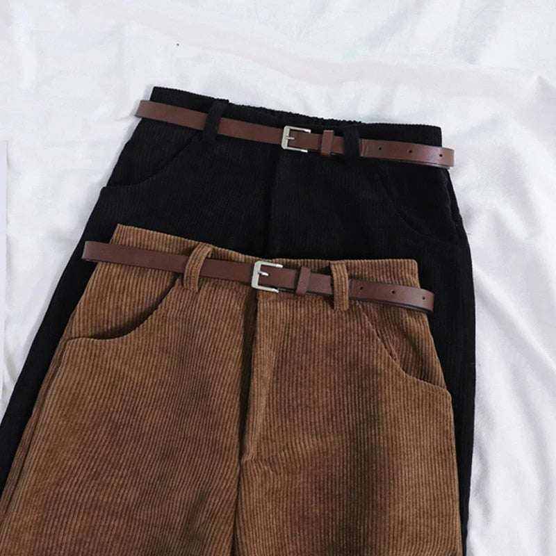 Corduroy broek - Loszittende baggy corduroy broek met hoge taille voor dames-Boetiek Moda
