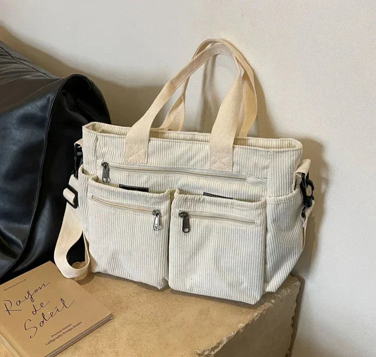 Corduroy tas - Multi-zak schoudertas met lange riem voor dames-Boetiek Moda