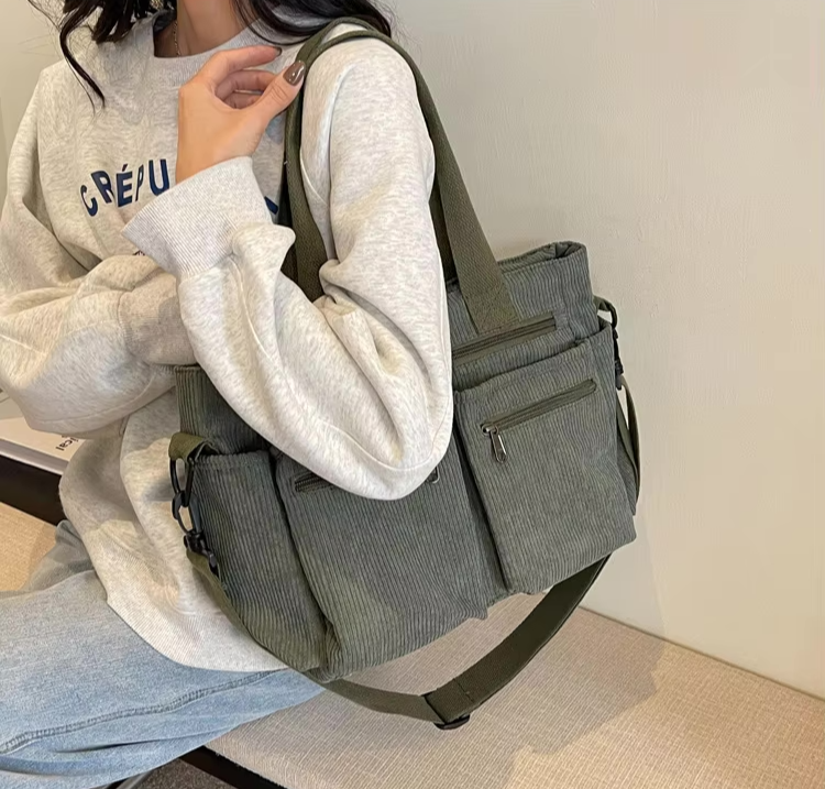 Corduroy tas - Multi-zak schoudertas met lange riem voor dames-Boetiek Moda