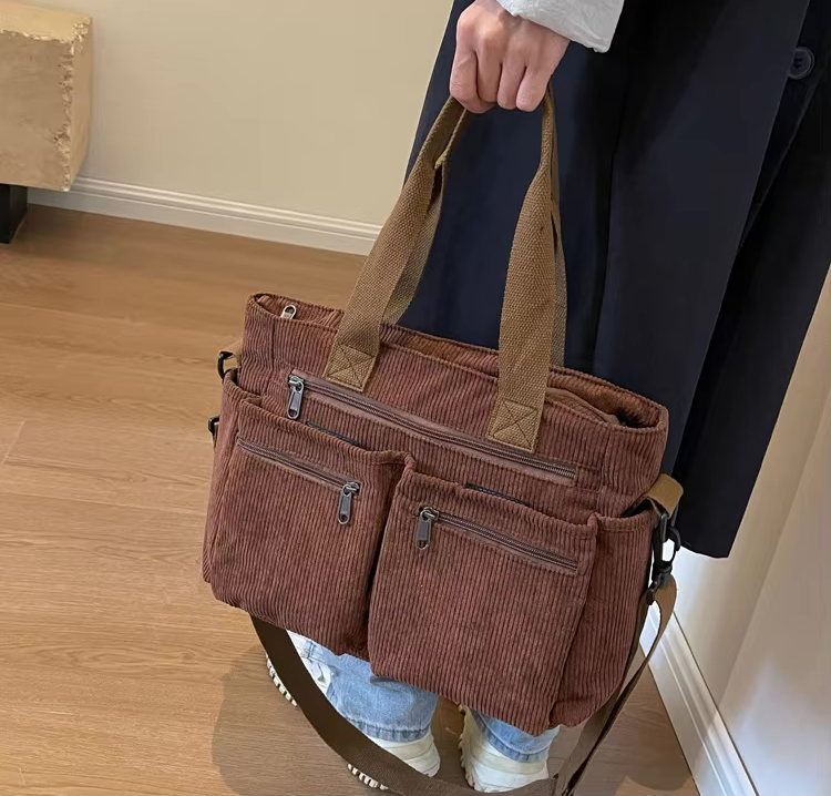 Corduroy tas - Multi-zak schoudertas met lange riem voor dames-Boetiek Moda