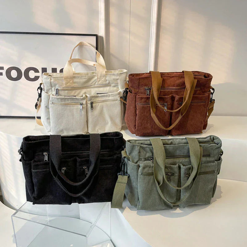 Corduroy tas - Multi-zak schoudertas met lange riem voor dames-Boetiek Moda