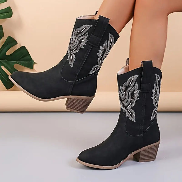 Cowboylaarzen - Vrouwen Mid Calf Block Heel Cowgirl Laarzen-Boetiek Moda