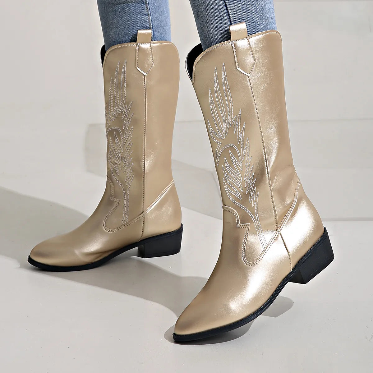 Cowgirl Laarzen - Vrouwen Metallic Western Cowboylaarzen met lage hak-Boetiek Moda