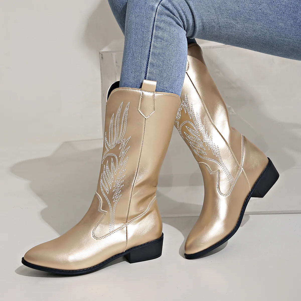 Cowgirl Laarzen - Vrouwen Metallic Western Cowboylaarzen met lage hak-Boetiek Moda