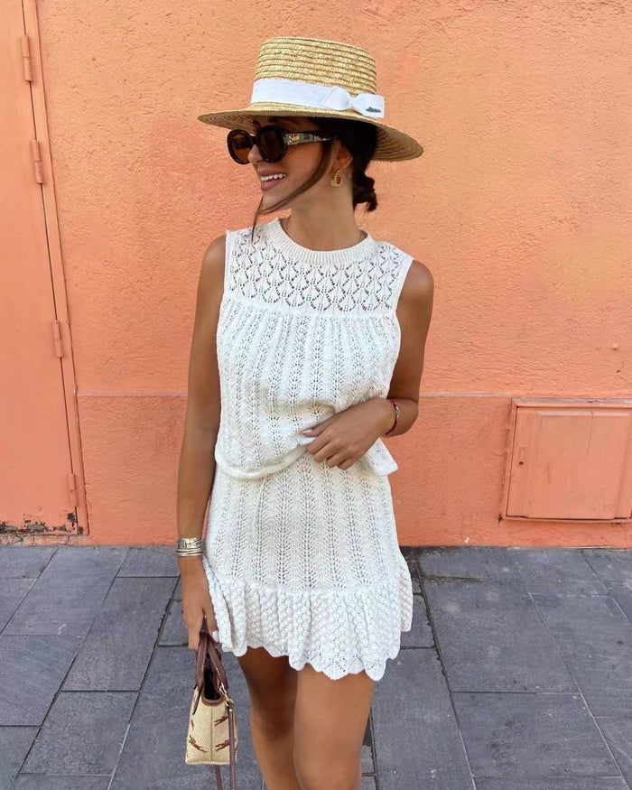 Crochet Co Ord - Wit dames minirokje en topje tweedelige set voor de zomer-Boetiek Moda