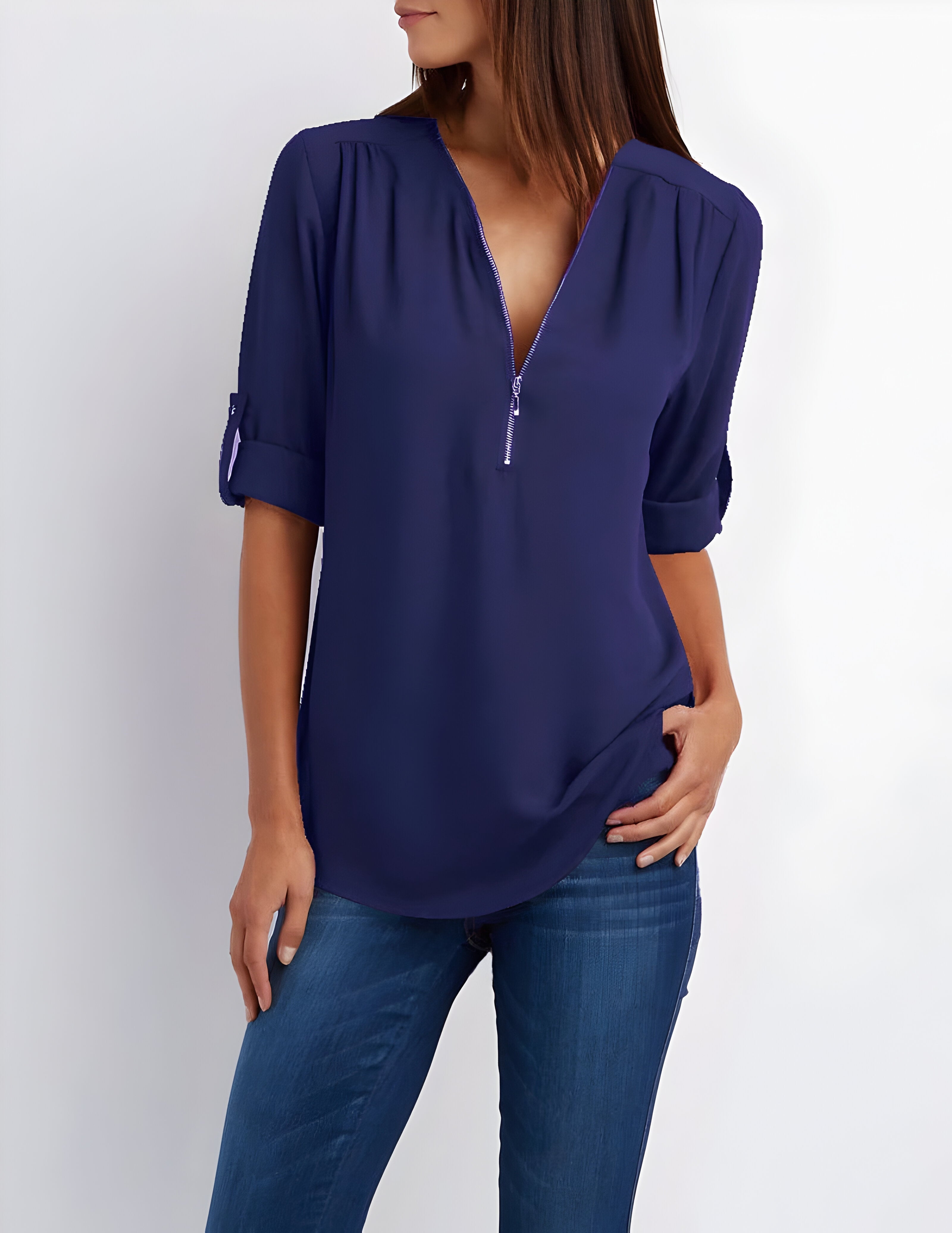 Damesblouse | Losse pasvorm | Lange mouwen | Zomertops | Tops met halve rits Dames-Boetiek Moda