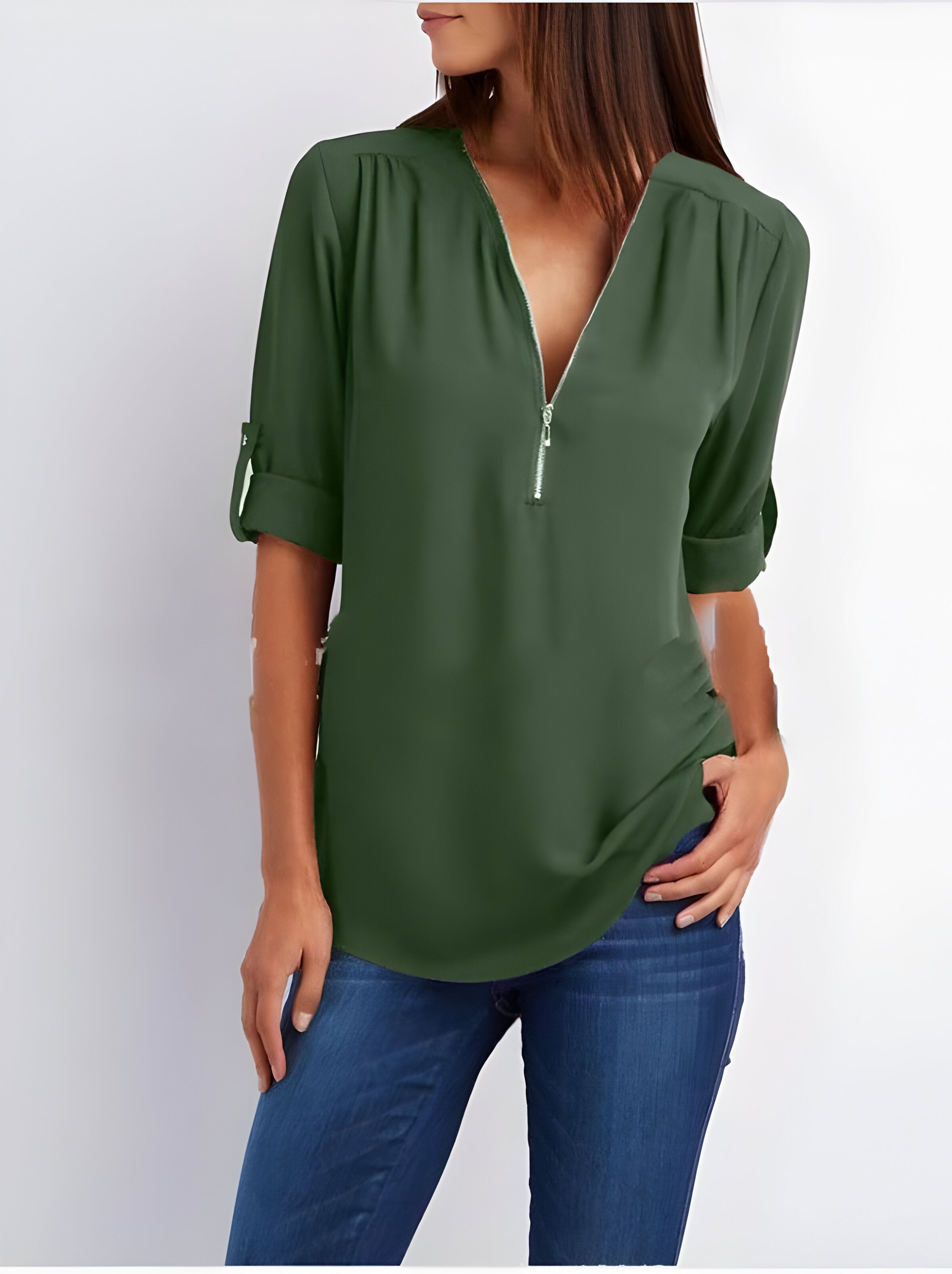 Damesblouse | Losse pasvorm | Lange mouwen | Zomertops | Tops met halve rits Dames-Boetiek Moda