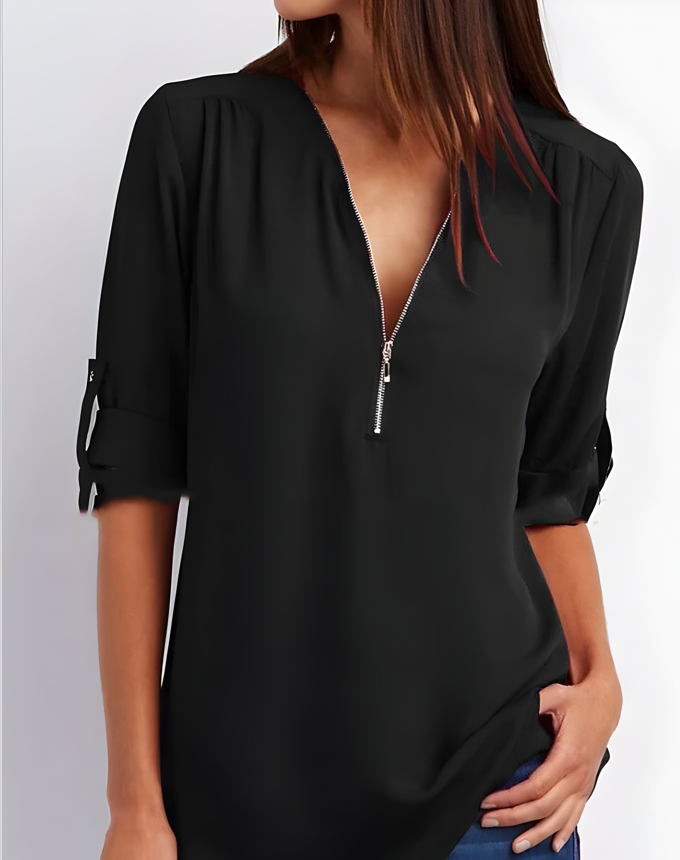 Damesblouse | Losse pasvorm | Lange mouwen | Zomertops | Tops met halve rits Dames-Boetiek Moda