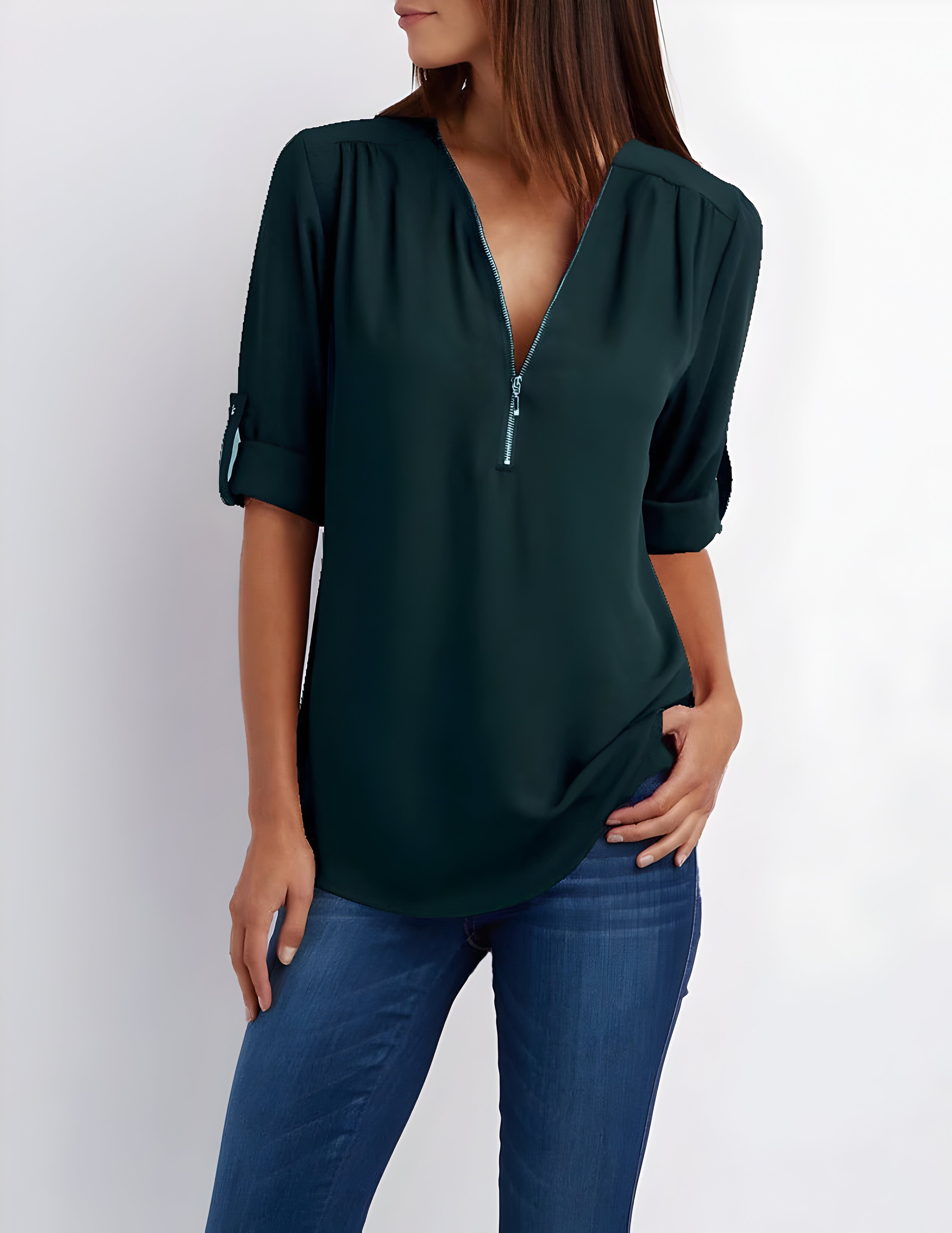 Damesblouse | Losse pasvorm | Lange mouwen | Zomertops | Tops met halve rits Dames-Boetiek Moda