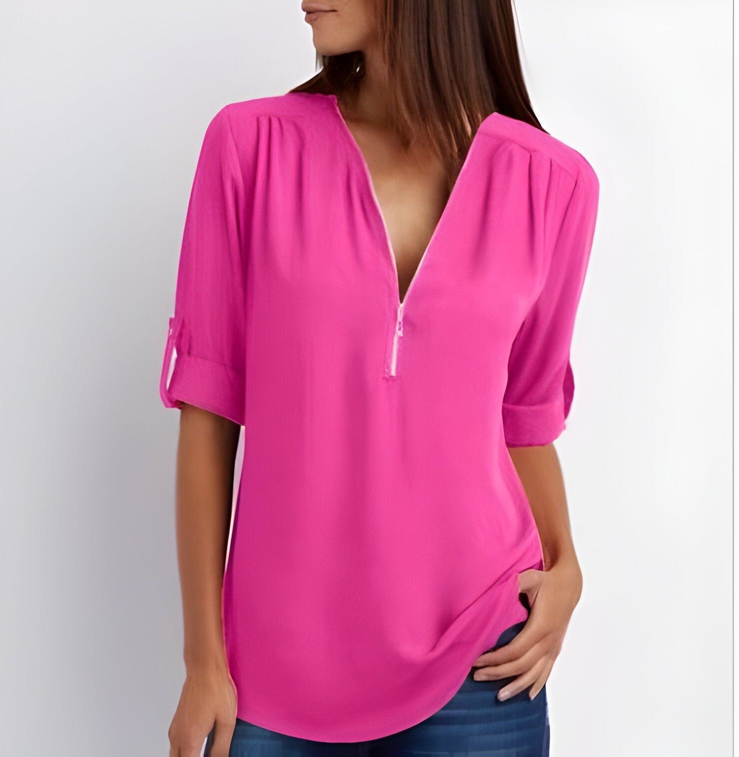 Damesblouse | Losse pasvorm | Lange mouwen | Zomertops | Tops met halve rits Dames-Boetiek Moda