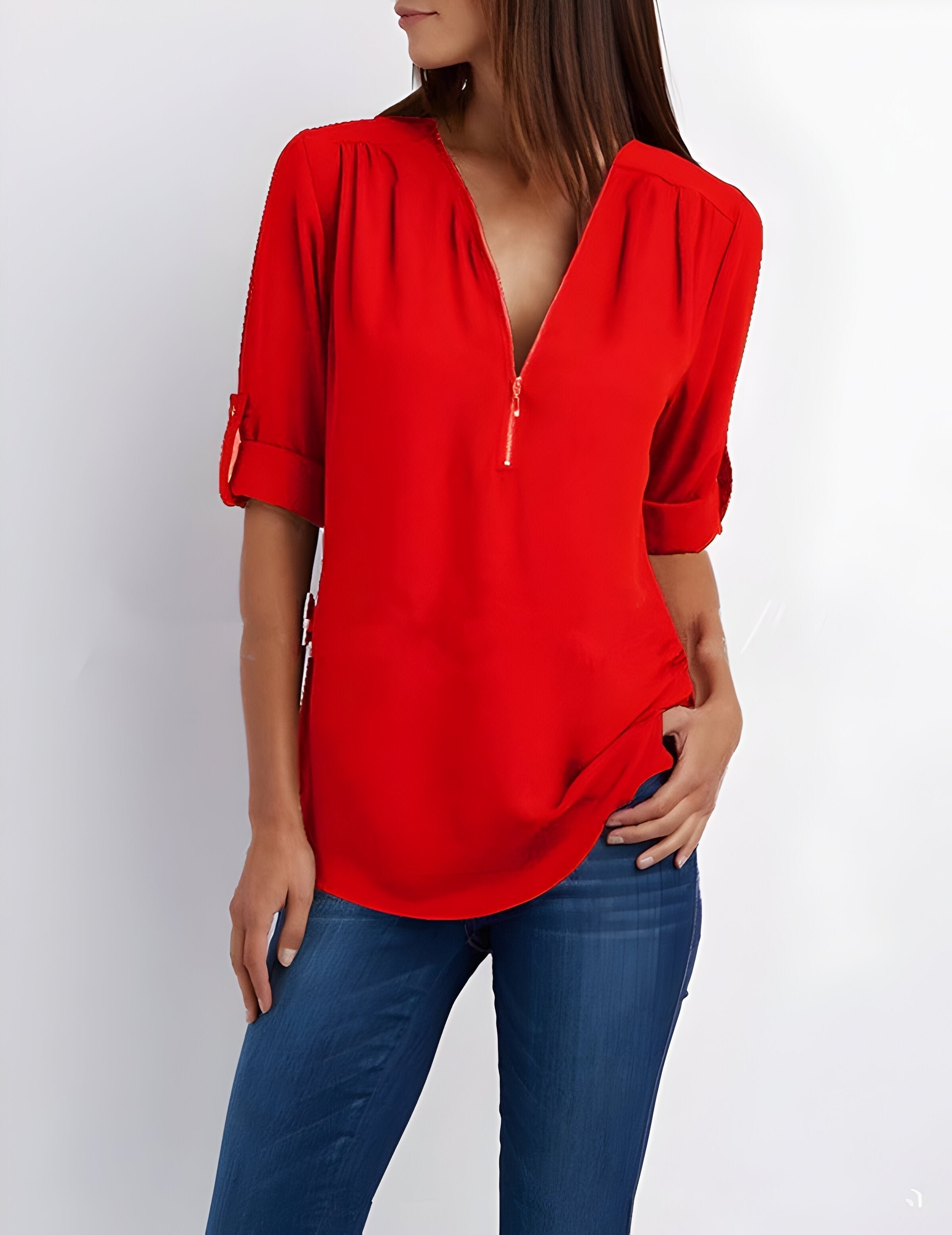 Damesblouse | Losse pasvorm | Lange mouwen | Zomertops | Tops met halve rits Dames-Boetiek Moda