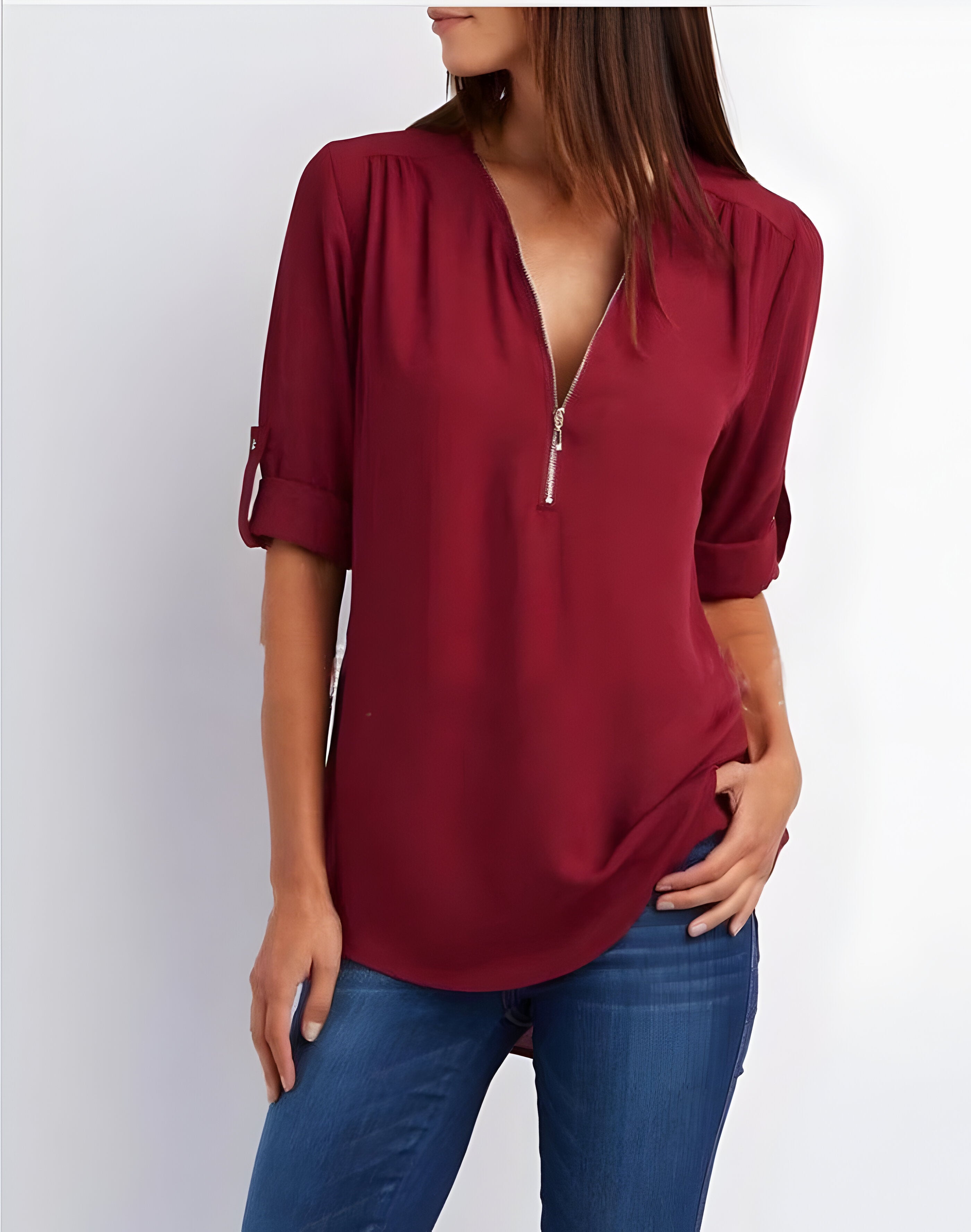 Damesblouse | Losse pasvorm | Lange mouwen | Zomertops | Tops met halve rits Dames-Boetiek Moda