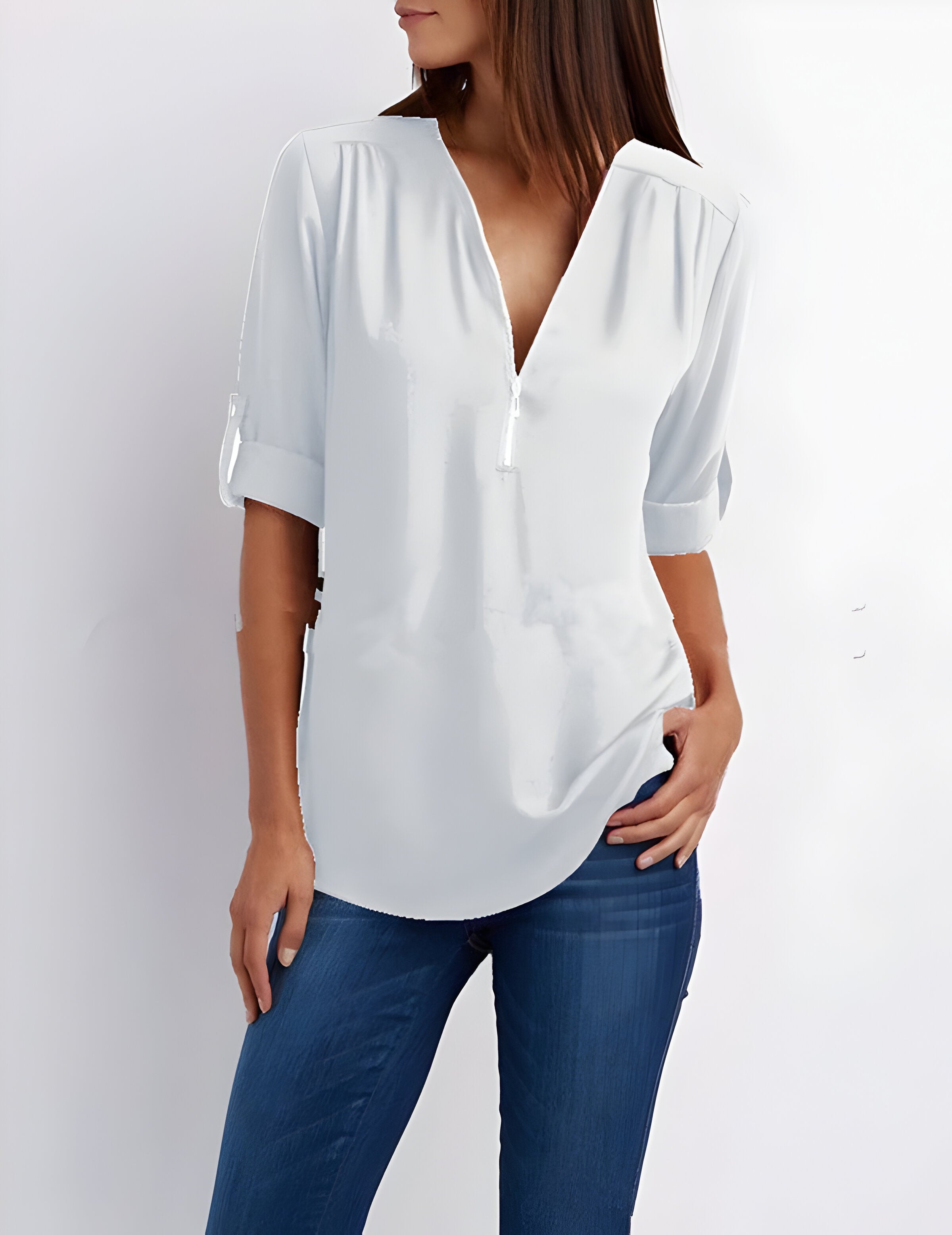 Damesblouse | Losse pasvorm | Lange mouwen | Zomertops | Tops met halve rits Dames-Boetiek Moda