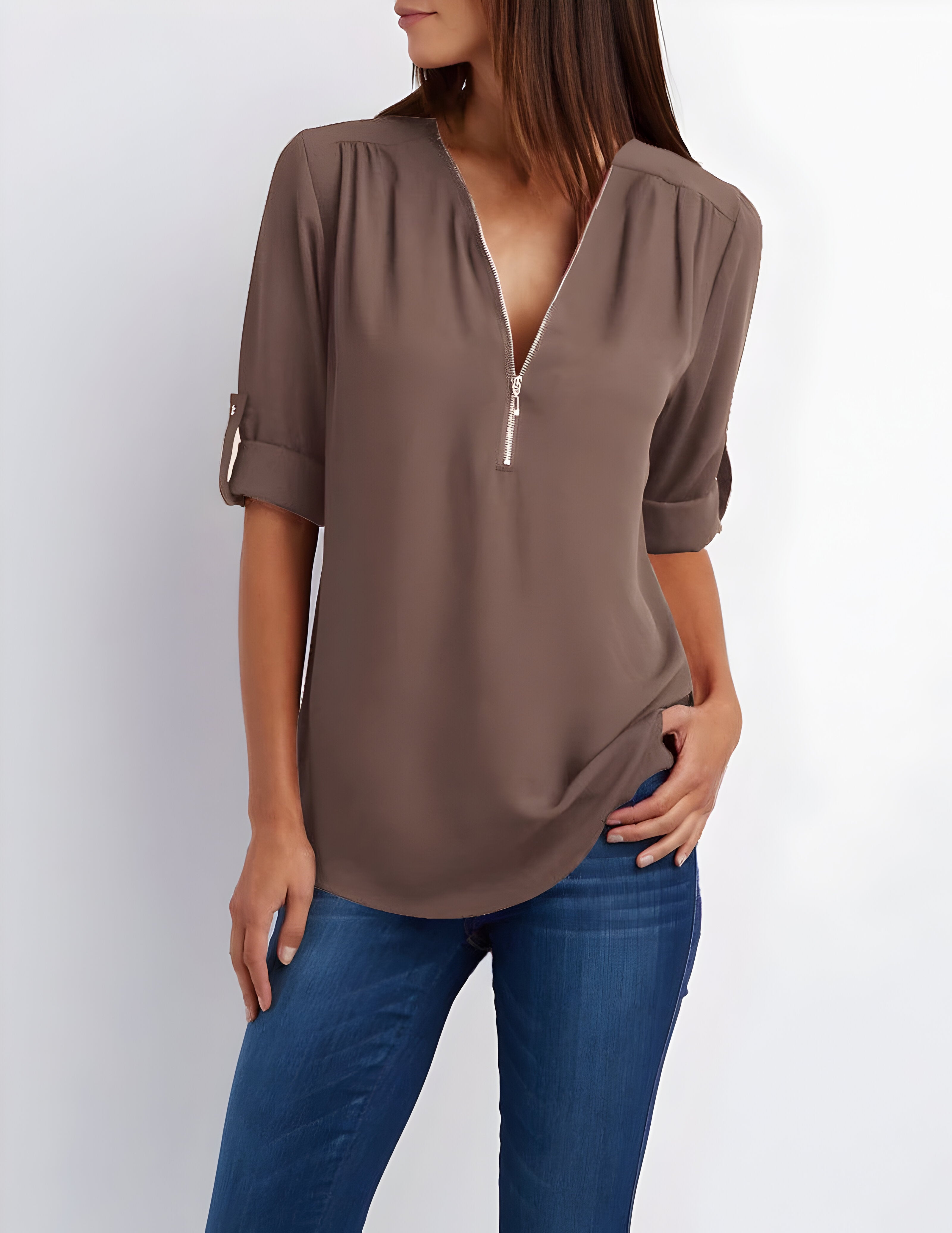 Damesblouse | Losse pasvorm | Lange mouwen | Zomertops | Tops met halve rits Dames-Boetiek Moda