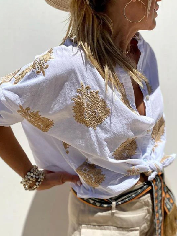 Damesknoopblouse - Boho - Los model - Shirt met lange mouwen - Dameslinnen overhemd-Boetiek Moda