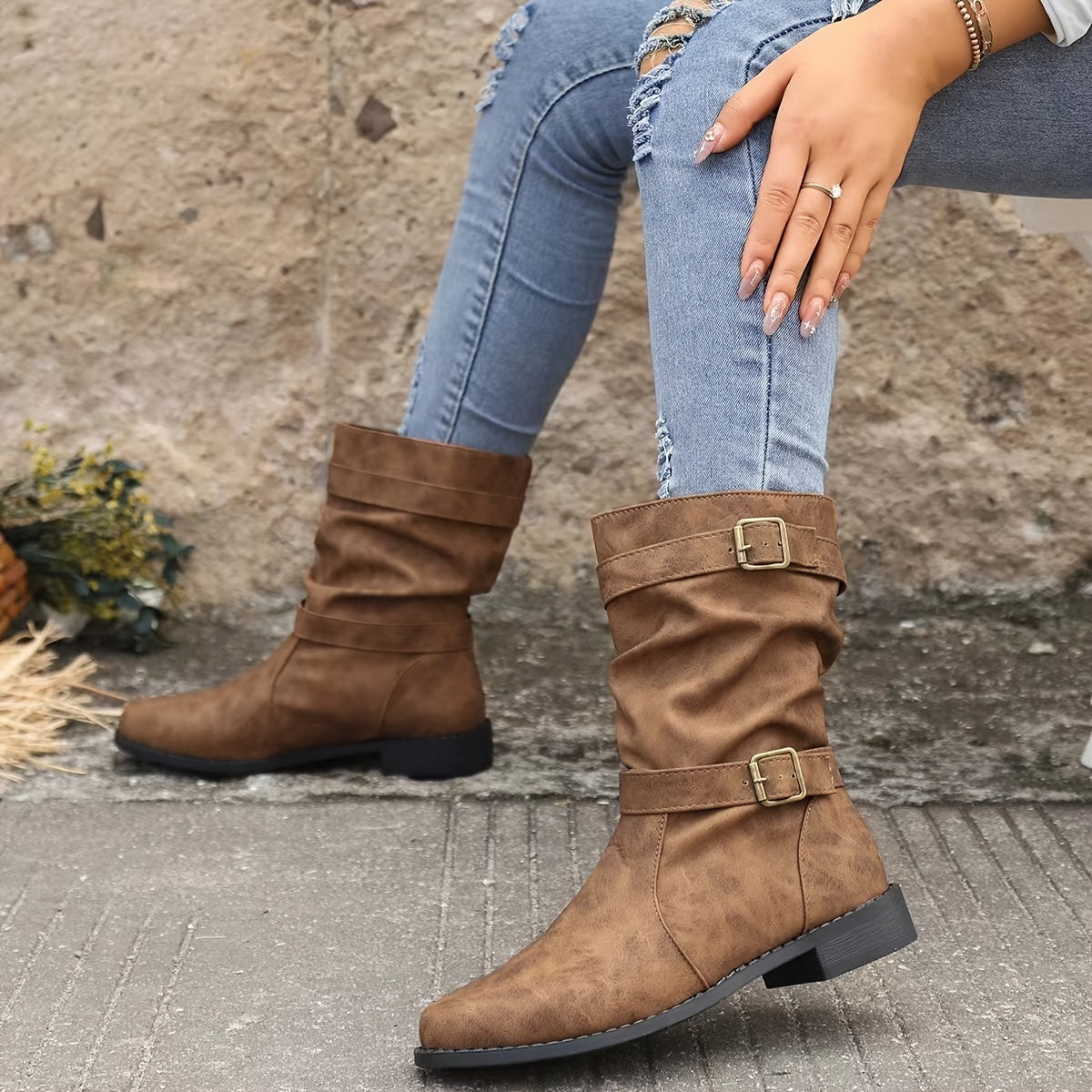 Dameslaarzen | Gespband | Vintage | Halflange laarzen | Slouchy laarzen-Boetiek Moda