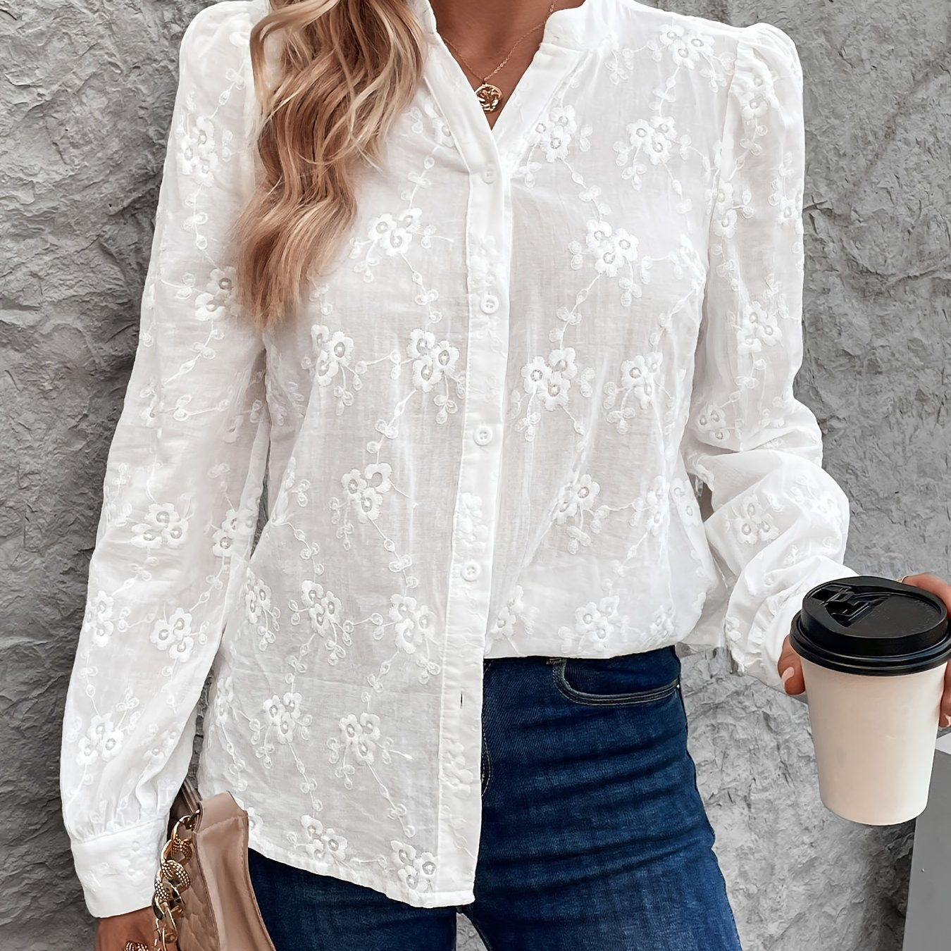 Damesoverhemd - Geborduurd - Lange mouwen - Wit overhemd - Blouse met knopen-Boetiek Moda