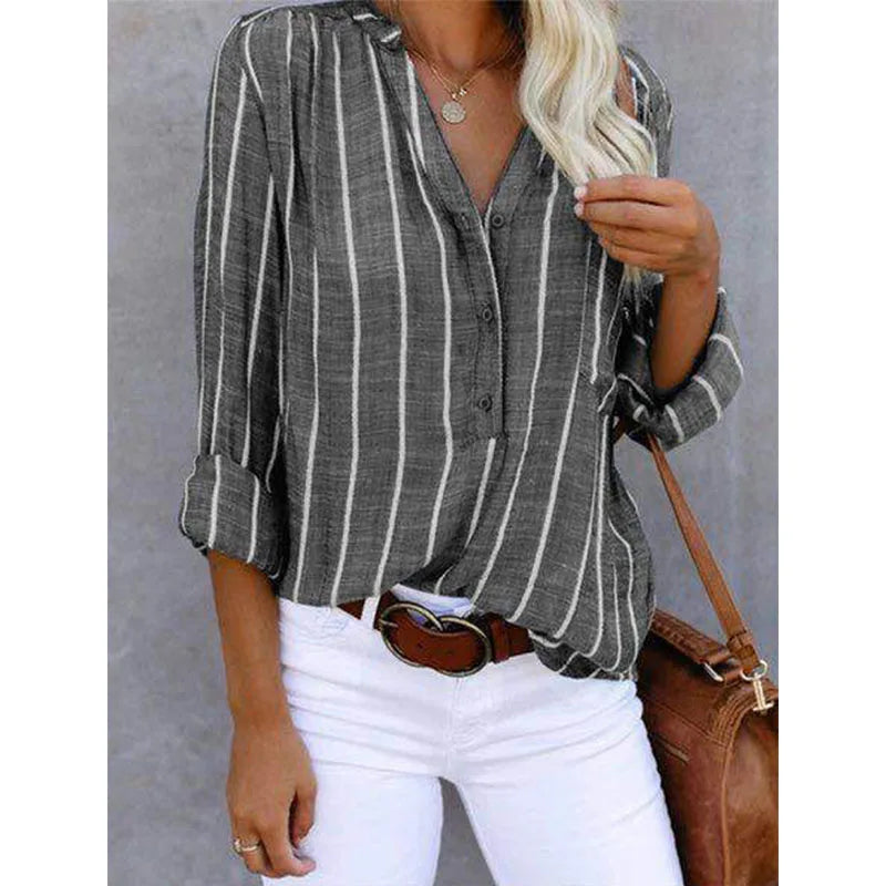 Damesoverhemd - Knoopsluiting - Losse pasvorm - Gestreepte overhemd - Linnen blouse-Boetiek Moda