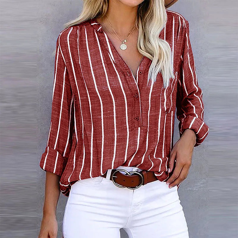 Damesoverhemd - Knoopsluiting - Losse pasvorm - Gestreepte overhemd - Linnen blouse-Boetiek Moda