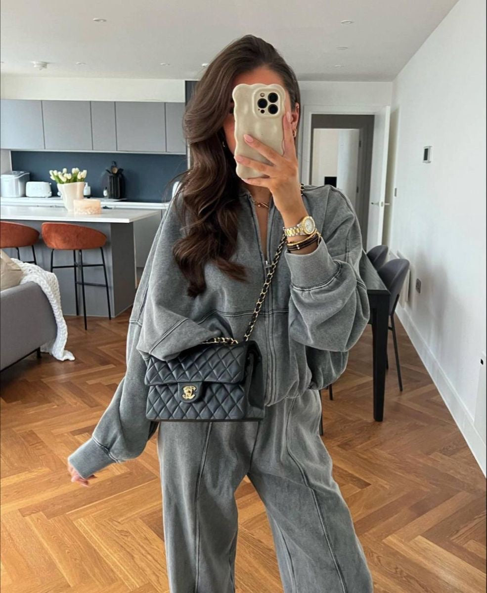 Damestrainingspak - Sweatshirt met rits en Joggers met wijde pijpen - tweedelige set-Boetiek Moda
