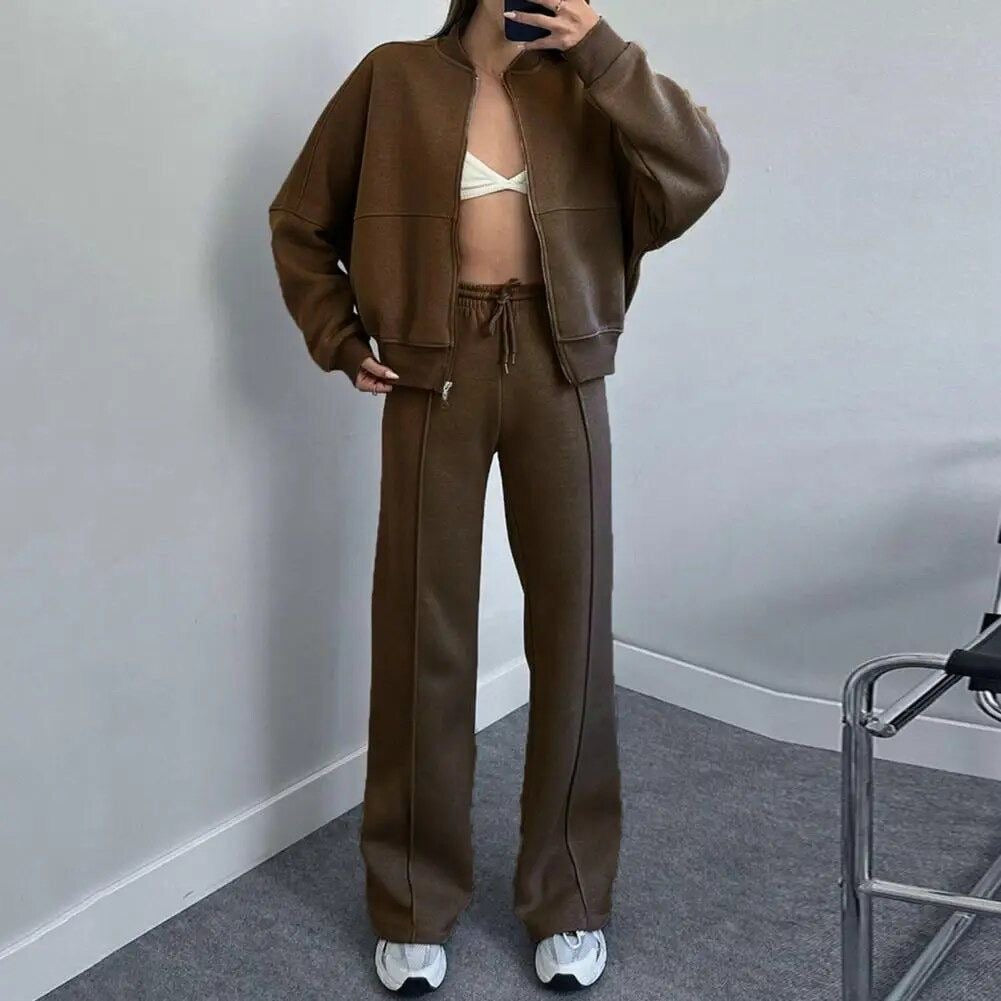Damestrainingspak - Sweatshirt met rits en Joggers met wijde pijpen - tweedelige set-Boetiek Moda