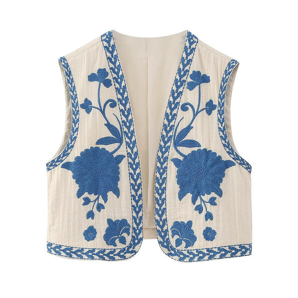 Damesvest - Bloemen Cropped Open Front Mouwloos Vest-Boetiek Moda