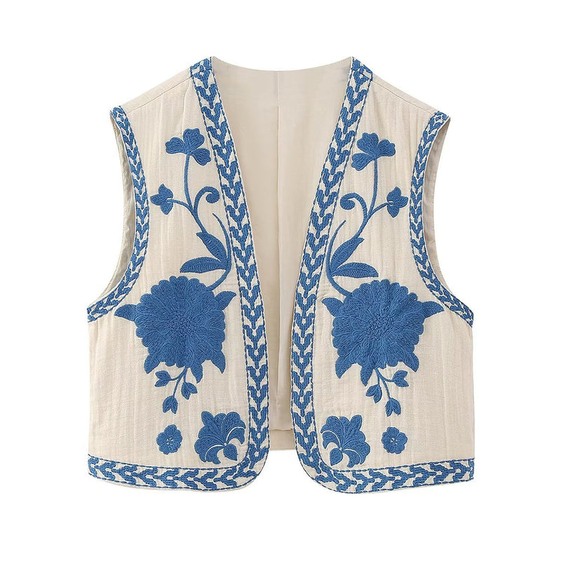 Damesvest - Bloemen Cropped Open Front Mouwloos Vest-Boetiek Moda