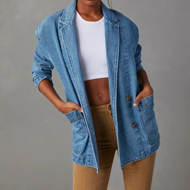 Denim Blazer | Lang | Blauw | Denim Jas | Blazer voor Vrouwen-Boetiek Moda