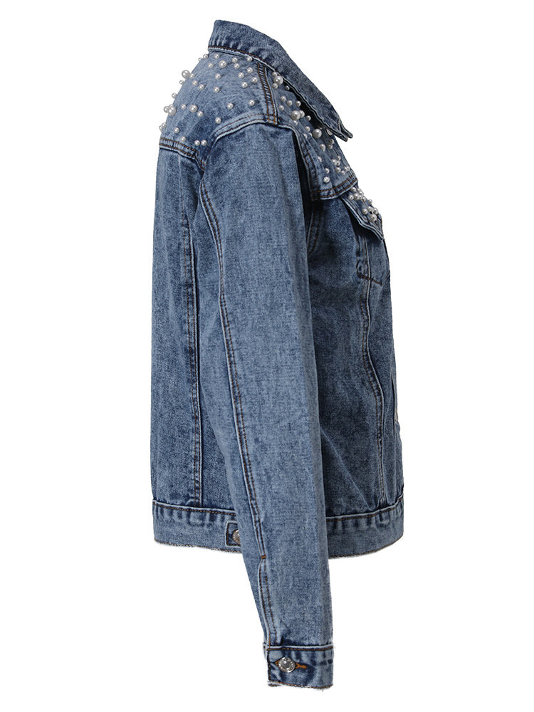 Denim Jas - Parels - Regular Fit - Denim - Jas met parels Denimwear - Damesjas-Boetiek Moda