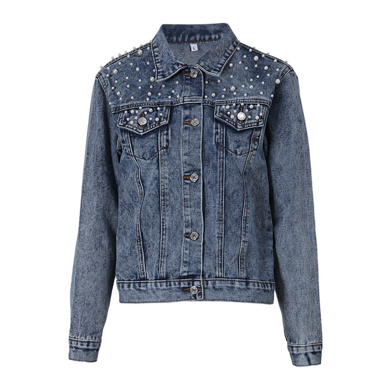 Denim Jas - Parels - Regular Fit - Denim - Jas met parels Denimwear - Damesjas-Boetiek Moda