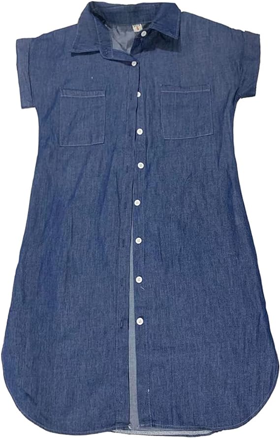 Denim Jurk - Korte Mouw - Los model - Overhemd Jurk - Button-Up Jurk-Boetiek Moda