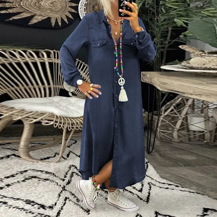 Denim Jurk - Lange Mouw - Knoopsluiting - Overhemd Jurk - Maxi Jurk-Boetiek Moda