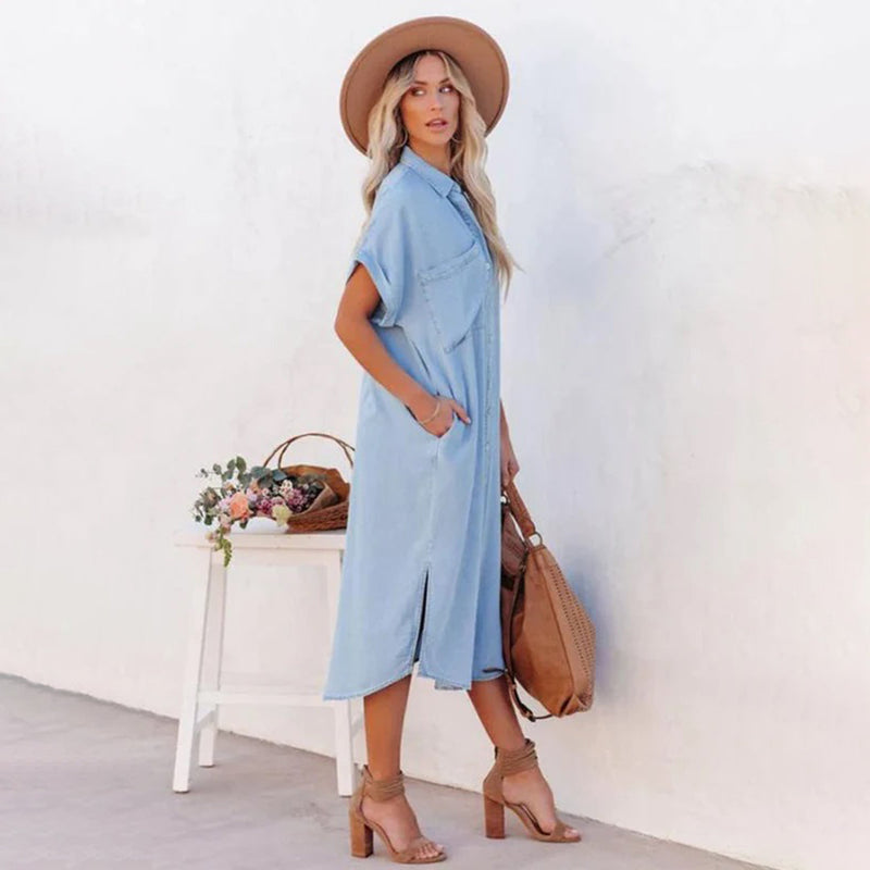 Denim Jurk | Midi | Button-Up | Overhemd Jurk | Zomer Jurk-Boetiek Moda