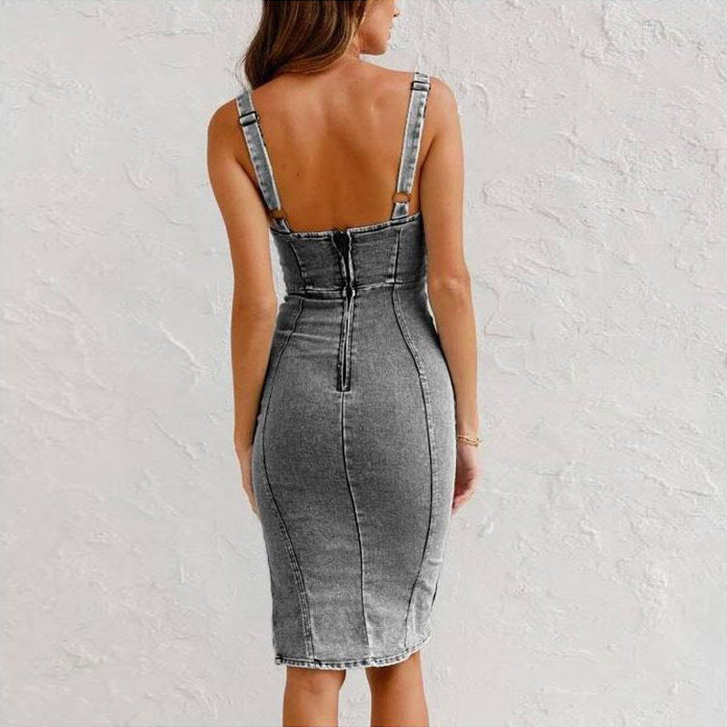 Denim Jurk - Mouwloos - Knielang - Bodycon Jurk - Casual Jurk-Boetiek Moda