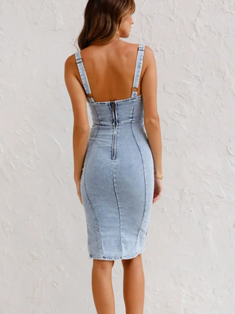 Denim Jurk | Rits | Verstelbare Bandjes | Bodycon Jurk | Strakke Jurken-Boetiek Moda