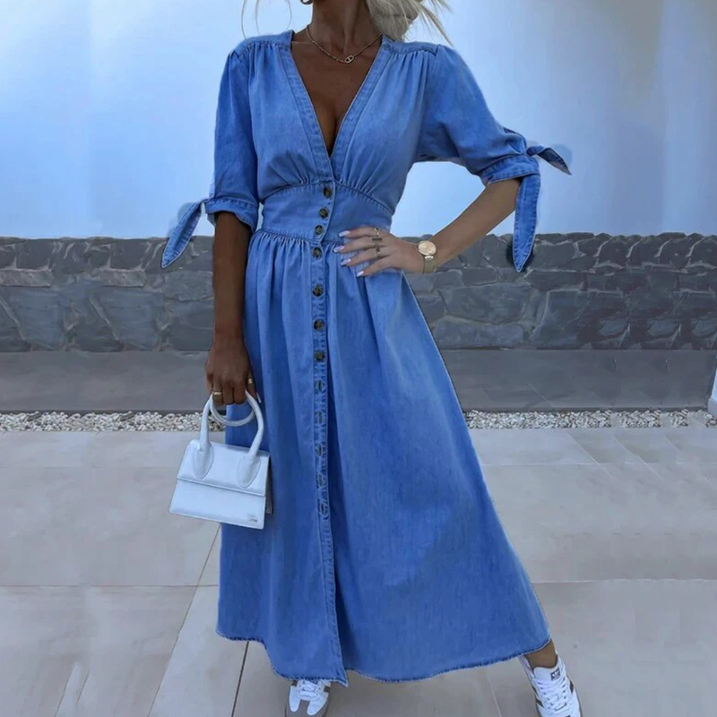 Denim Jurk - V Hals - Halve Mouw - Maxi Jurk - Lange Jurken-Boetiek Moda