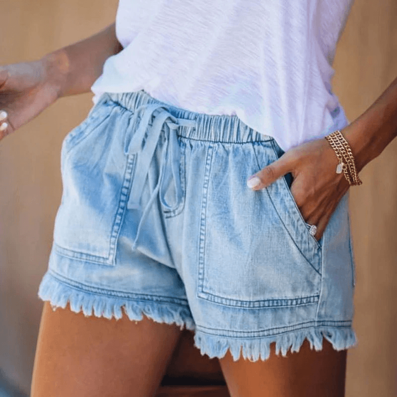 Denim Korte Broek - Koord - Elastische Taille - Mini Korte Broek - Dameskleding-Boetiek Moda