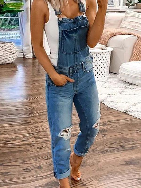 Denim Overalls - Ripped - Mouwloos - Denim tuinbroek - Jumpsuit Denim voor Dames-Boetiek Moda