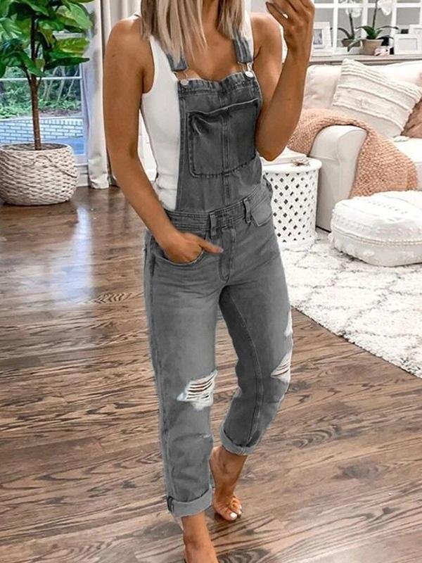Denim Overalls - Ripped - Mouwloos - Denim tuinbroek - Jumpsuit Denim voor Dames-Boetiek Moda