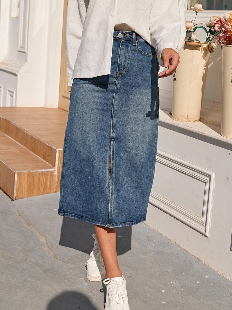 Denim Rok | Hoge taille | Split | Koker Rok | Midi Rok-Boetiek Moda