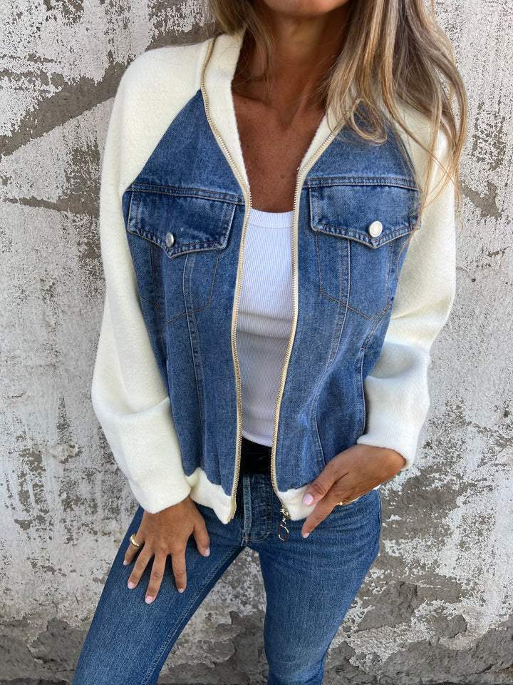 Denim Sherpa Jas - Casual - Zip-Up - Denim Fleece Jas - Damesjas-Boetiek Moda