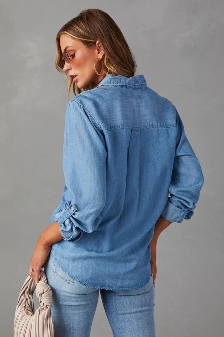 Denim Shirt | Lange Mouw | Borstzakken | Button-Up Shirt | Vrouwen Overhemden-Boetiek Moda