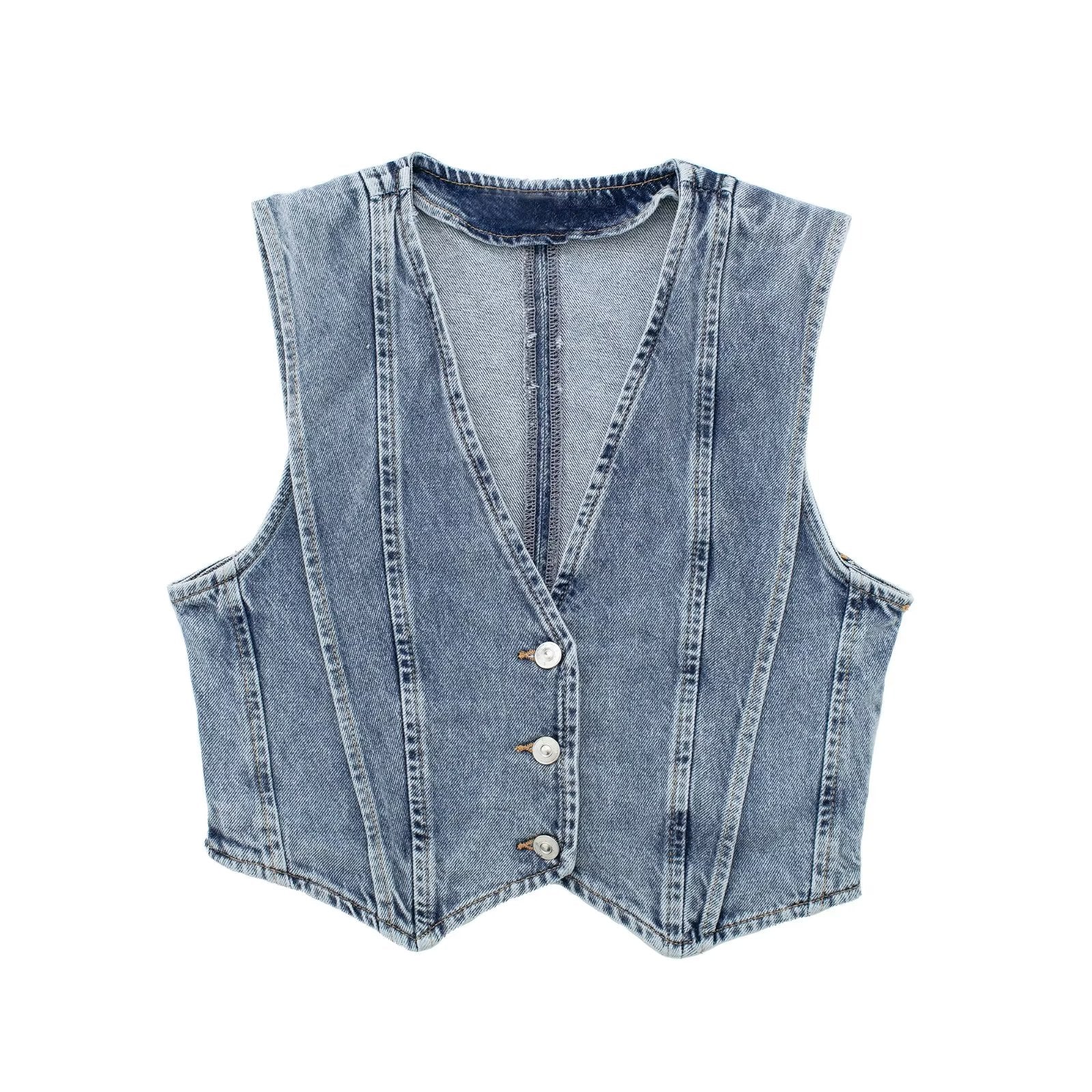 Denim Vest | Mouwloos | Knoopsluiting | Cropped Denim Vest | Vrouwenvest-Boetiek Moda