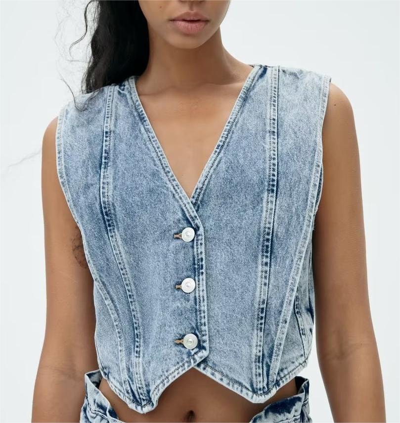 Denim Vest | Mouwloos | Knoopsluiting | Cropped Denim Vest | Vrouwenvest-Boetiek Moda