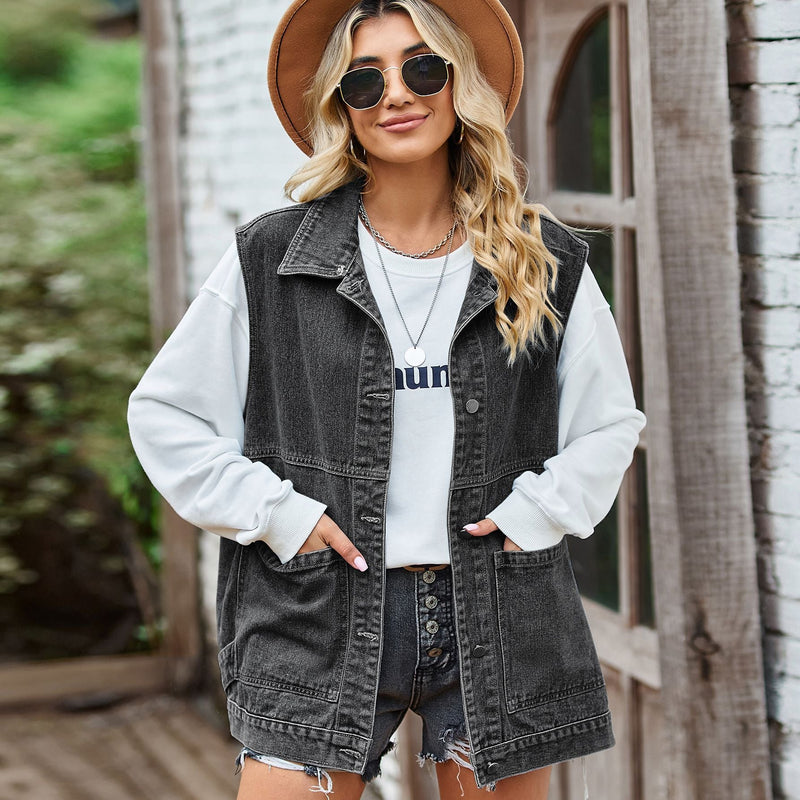 Denim Vesten - Mouwloos oversized denim damesvest-Boetiek Moda