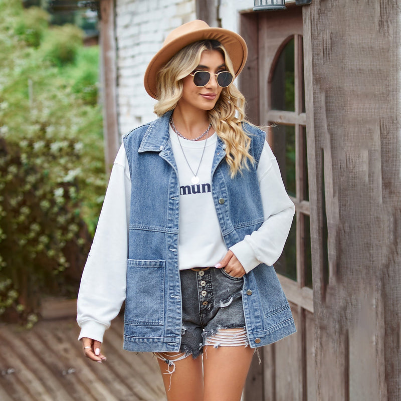 Denim Vesten - Mouwloos oversized denim damesvest-Boetiek Moda