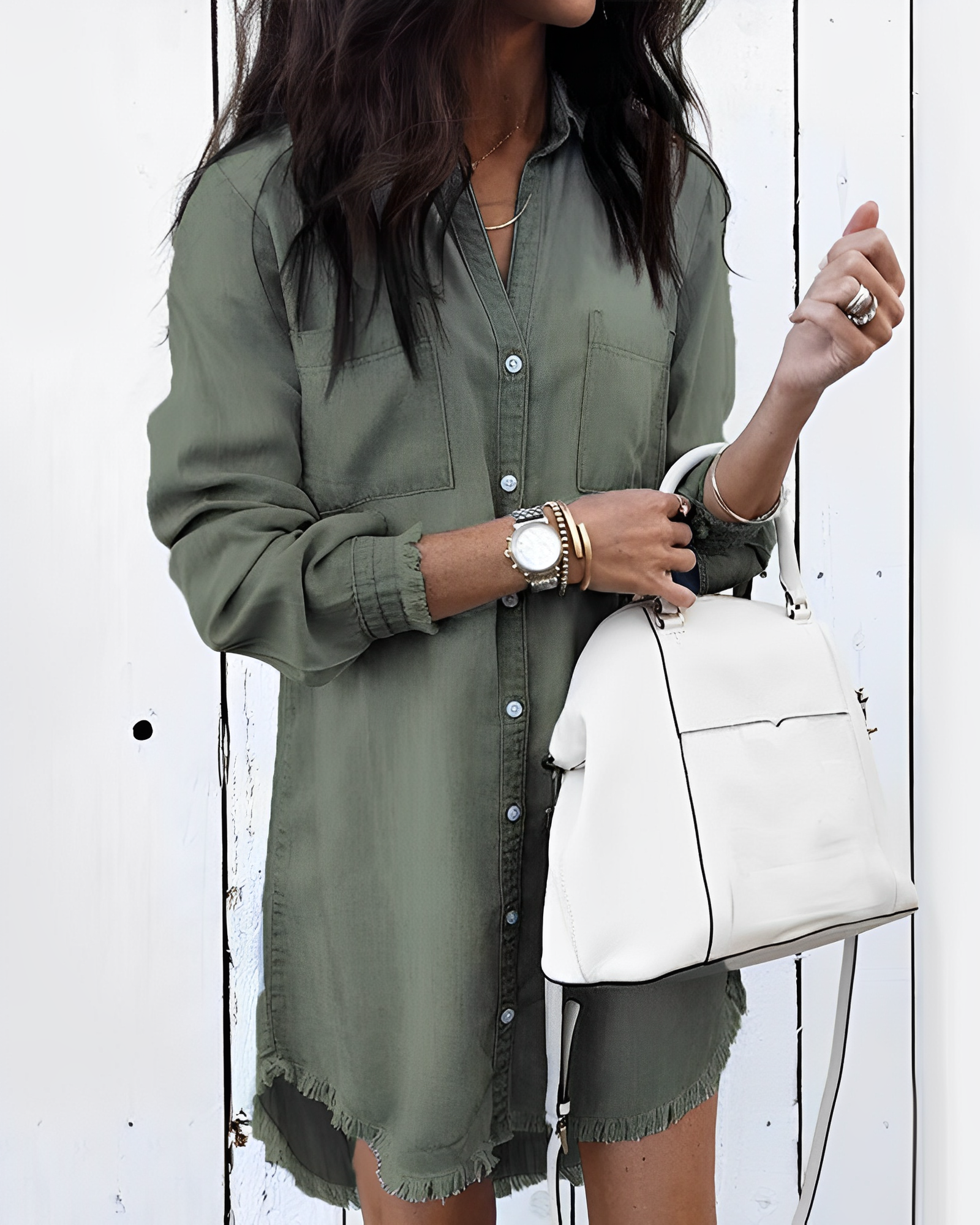 Denim jurk - Knoopsluiting - Lange mouwen - Overhemdjurk - Korte jurk-Boetiek Moda