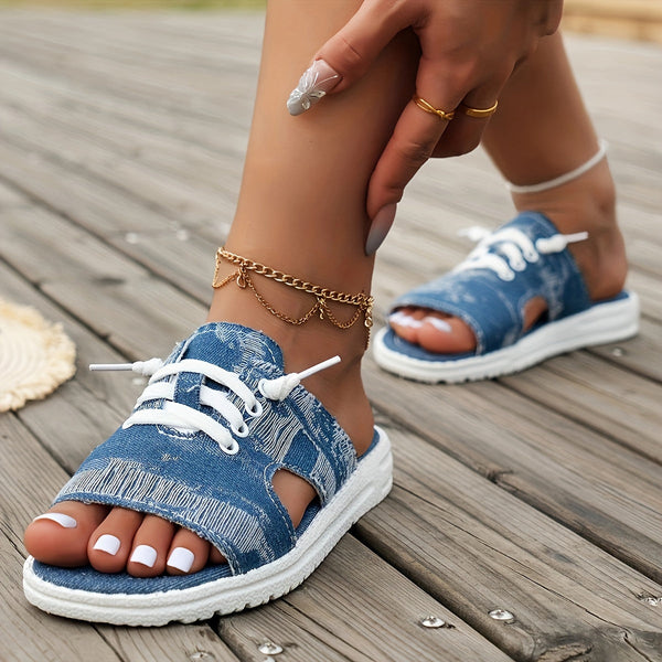 Denim sandalen - Plat - Slip-On - Comfortabel - Slides - Damesschoenen-Boetiek Moda